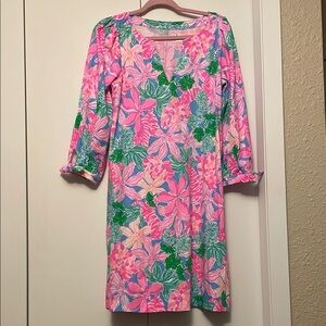 Pink and Green Sheath Dress with Cuffed 3/4 Sleeves